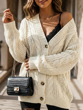 Retro loose cable knit lantern sleeve cardigan
