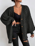 Retro loose cable knit lantern sleeve cardigan
