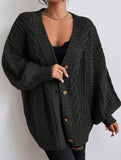 Retro loose cable knit lantern sleeve cardigan