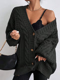 Retro loose cable knit lantern sleeve cardigan