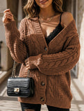 Retro loose cable knit lantern sleeve cardigan