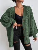 Retro loose cable knit lantern sleeve cardigan