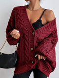 Retro loose cable knit lantern sleeve cardigan
