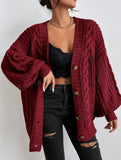 Retro loose cable knit lantern sleeve cardigan