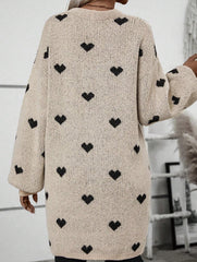 Versatile beige heart-patterned long cardigan