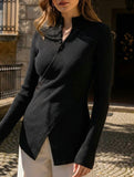 Asymmetric High Neck Knit Top Long Sleeve_CWOCAL01571