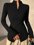Asymmetric High Neck Knit Top Long Sleeve_CWOCAL01571