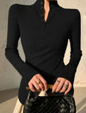 Asymmetric High Neck Knit Top Long Sleeve_CWOCAL01571