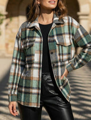 Long-sleeved cardigan collared loose plaid wool shirt
