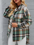 Long-sleeved cardigan collared loose plaid wool shirt