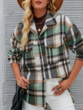 Long-sleeved cardigan collared loose plaid wool shirt