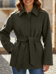 Solid Lapel Button Wool Blend Belt Coat_CWOCAL01727