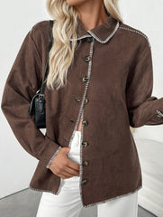 Retro Brown Collared Casual Jacket for Women_CWOCAL01738