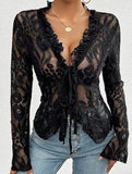 Lace Up Ruffle Trim Fitted Blouse