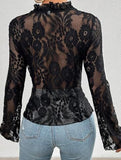 Lace Up Ruffle Trim Fitted Blouse