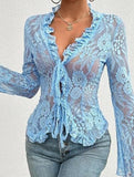 Lace Up Ruffle Trim Fitted Blouse