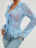 Lace Up Ruffle Trim Fitted Blouse