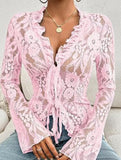 Lace Up Ruffle Trim Fitted Blouse