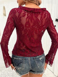 Lace Up Ruffle Trim Fitted Blouse