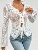Lace Up Ruffle Trim Fitted Blouse