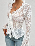 Lace Up Ruffle Trim Fitted Blouse