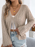 Solid Hollow Tie Flare Sleeve Knit Cardigan_CWOCAL01796