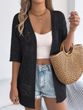 Solid Hollow Mid Sleeve Knit Cardigan_CWOCAS00016