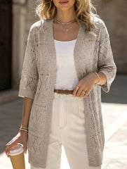Solid Hollow Mid Sleeve Knit Cardigan