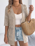 Solid Hollow Mid Sleeve Knit Cardigan_CWOCAS00016