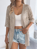 Solid Hollow Mid Sleeve Knit Cardigan_CWOCAS00016
