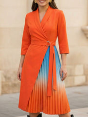 V Neck Tie Waist Pleated Midi Dress_CWOCO00658