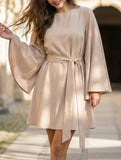 Round Neck Flare Sleeve Belted Dress_CWOCO00662