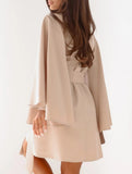 Round Neck Flare Sleeve Belted Dress_CWOCO00662
