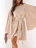 Round Neck Flare Sleeve Belted Dress_CWOCO00662