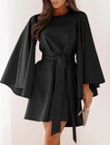 Round Neck Flare Sleeve Belted Dress_CWOCO00662