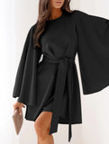 Round Neck Flare Sleeve Belted Dress_CWOCO00662