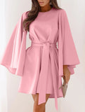 Round Neck Flare Sleeve Belted Dress_CWOCO00662