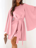 Round Neck Flare Sleeve Belted Dress_CWOCO00662