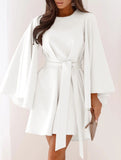 Round Neck Flare Sleeve Belted Dress_CWOCO00662