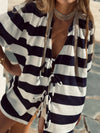 Striped color-blocked bow tie knit cardigan