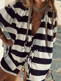 Striped color-blocked bow tie knit cardigan