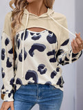Leopard print paneled hollow hooded sweatshirt