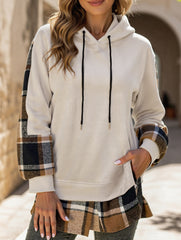 CASUAL TOP FAKE PLAID STITCHING HOODIE SWEATSHIRT