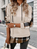 CASUAL TOP FAKE PLAID STITCHING HOODIE SWEATSHIRT