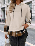 CASUAL TOP FAKE PLAID STITCHING HOODIE SWEATSHIRT