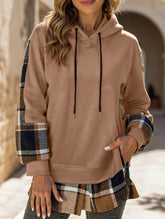 CASUAL TOP FAKE PLAID STITCHING HOODIE SWEATSHIRT