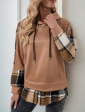CASUAL TOP FAKE PLAID STITCHING HOODIE SWEATSHIRT