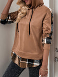 CASUAL TOP FAKE PLAID STITCHING HOODIE SWEATSHIRT
