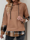 CASUAL TOP FAKE PLAID STITCHING HOODIE SWEATSHIRT