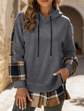CASUAL TOP FAKE PLAID STITCHING HOODIE SWEATSHIRT
